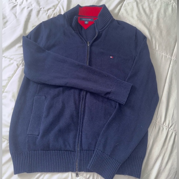 Tommy Hilfiger Men's Zip-Up Sweater - Navy and Red. Size Large. Double zipper. - Picture 1 of 3